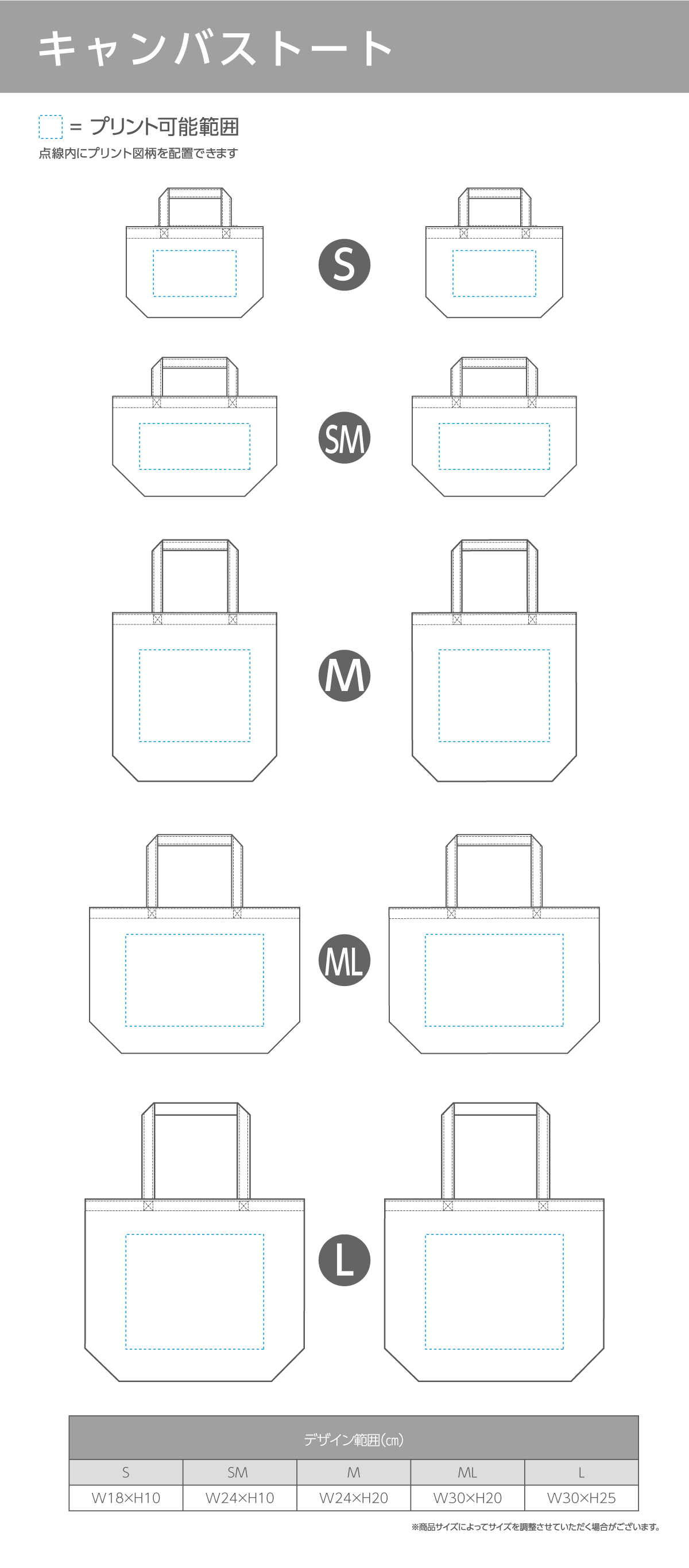 キャンバストートバッグの印刷範囲